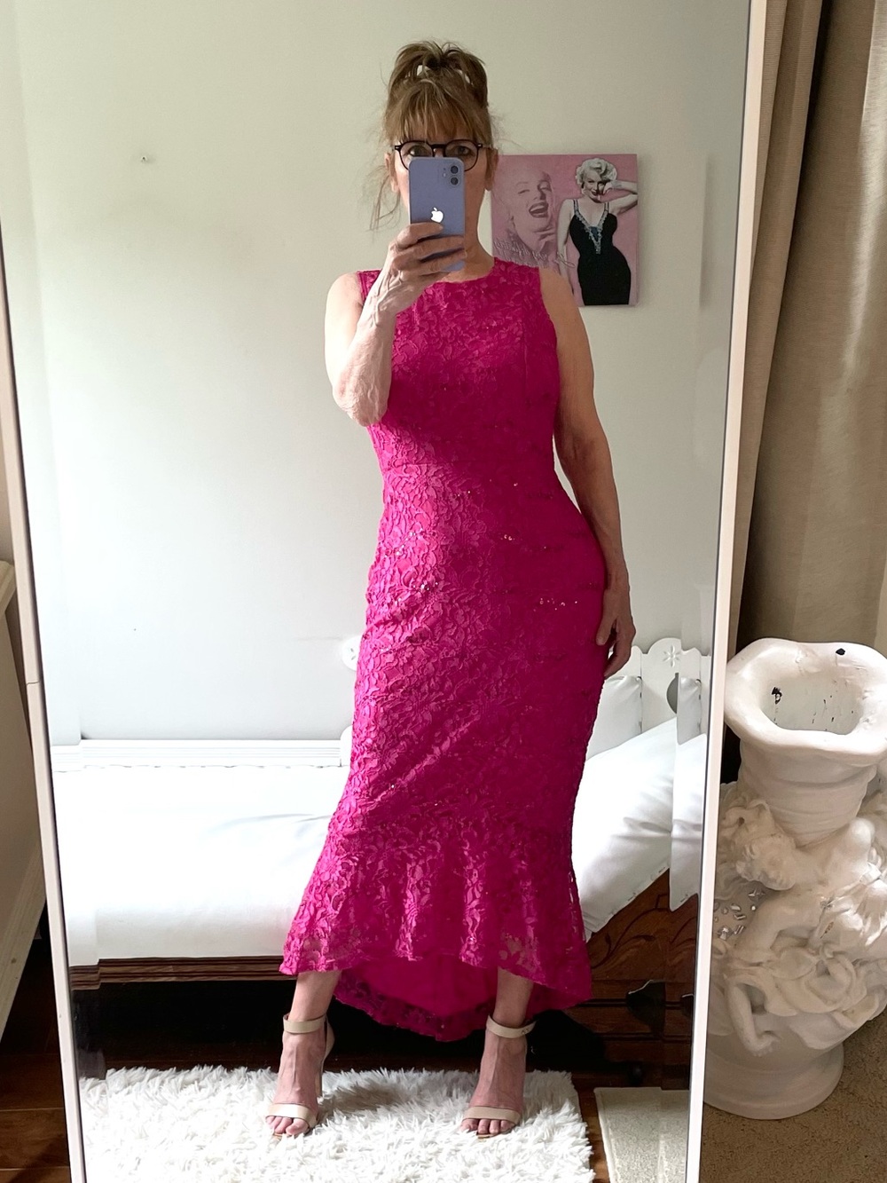 FUSCIA PINK LACE SLEEVELESS DRESS SEQUINS ZIPPER LINED STRETCH ENFOCUS STUDIO